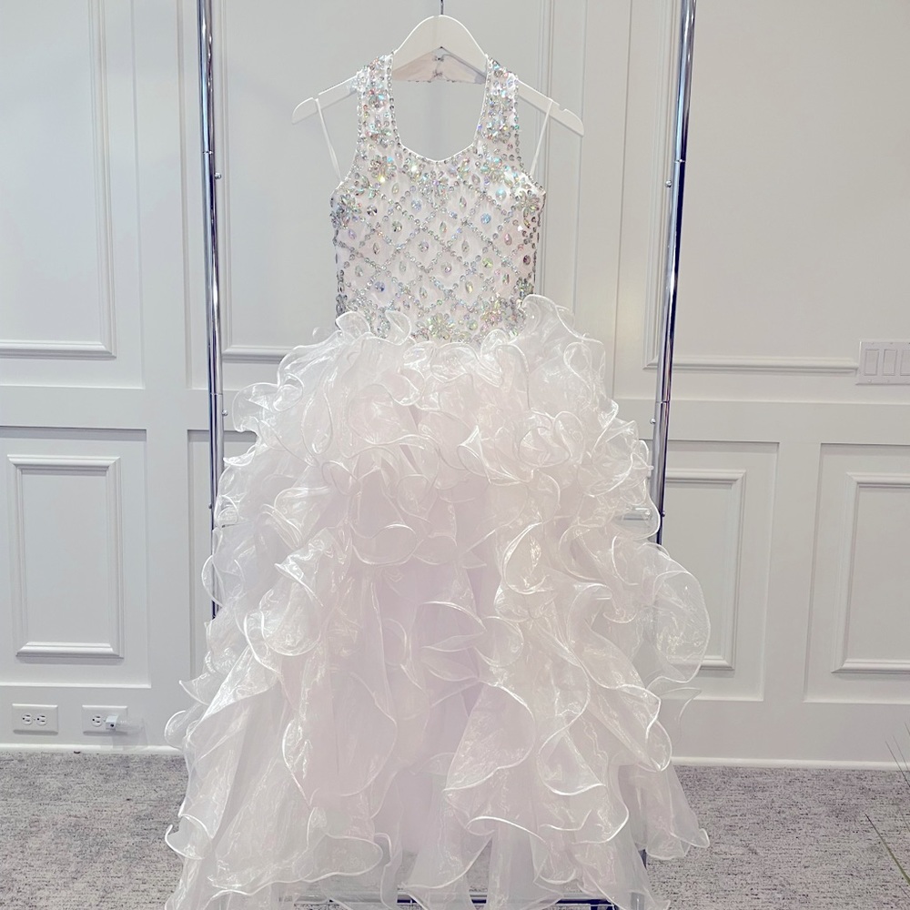 White pageant dress. Princess dress. Halter top, corset tie. Sequin gem bodice.